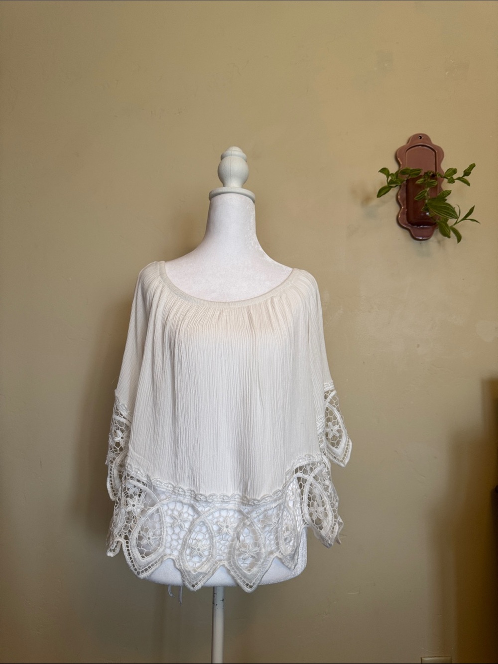 Boho Crochet-Hem Peasant Blouse in Cream